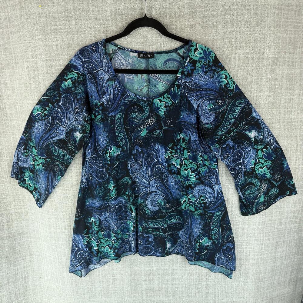 Brittany Blake Blouse Womens L Blue Tunic Scoop Neck 3/4 Sleeve Hawaiian